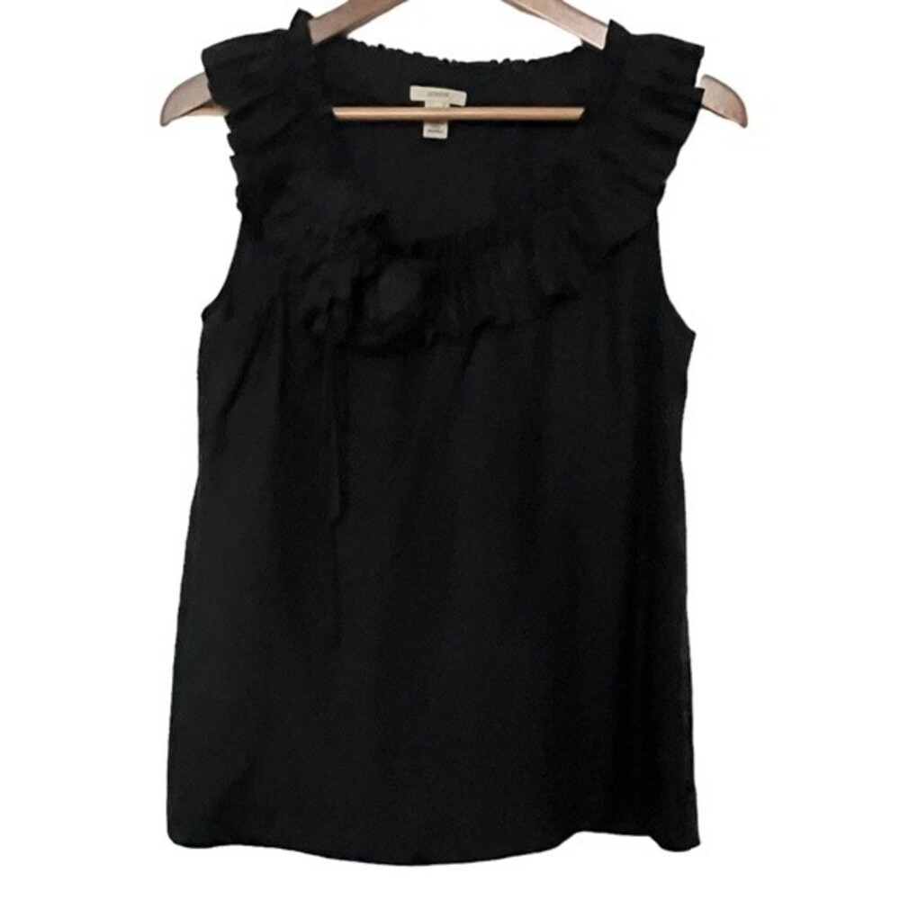 J. Crew Sleeveless Ruffled Blouse. 100% Silk. 3D Flower Appliqué. Black. Size 6.